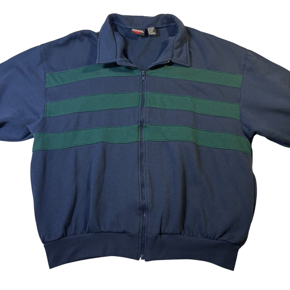Winner Mens Full Zip Mock Neck Sweatshirt Navy Green Stripe‎ Pullover Jacket VTG